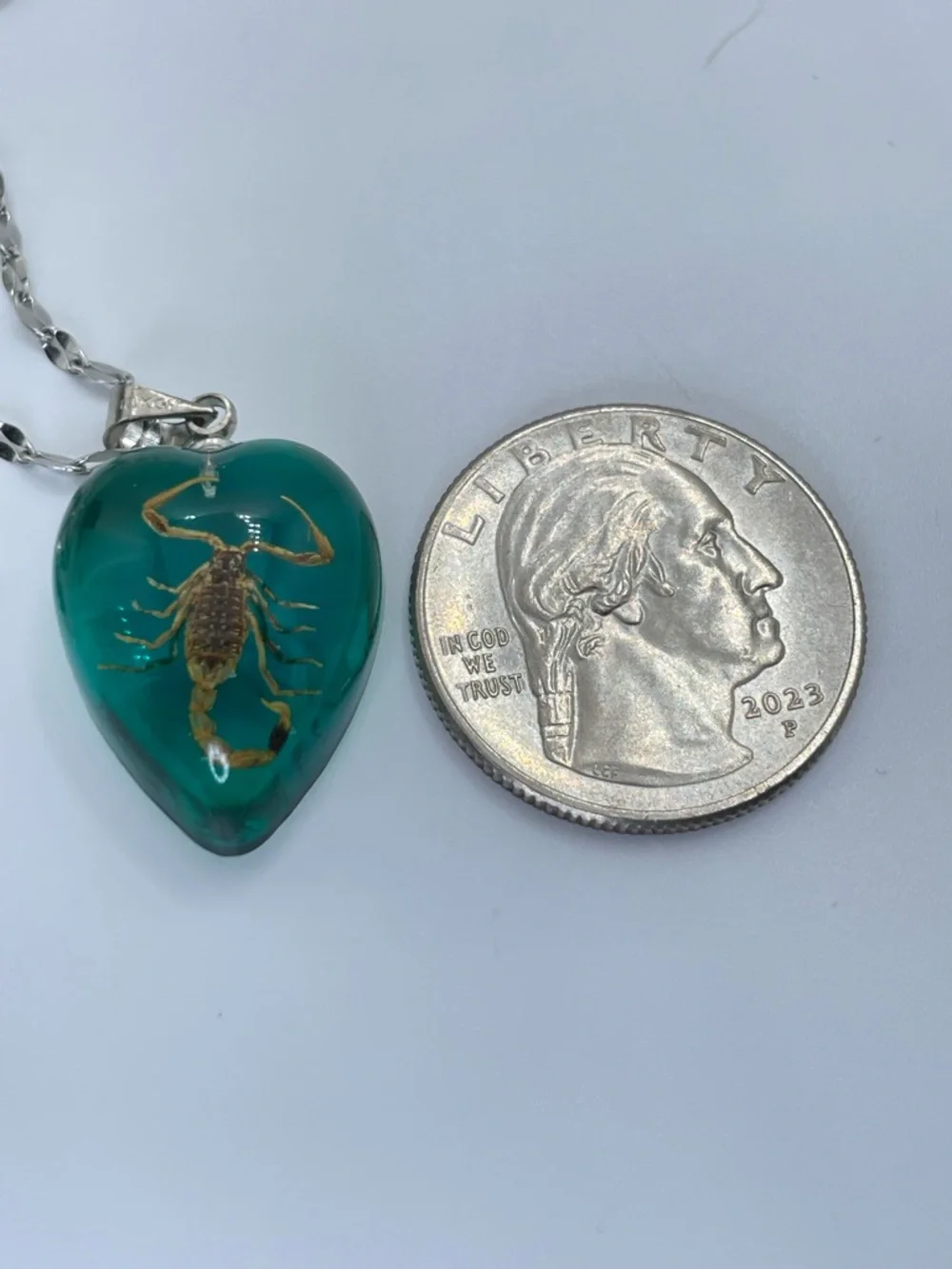 18k Gold Plated Scorpion Teal Resin Heart Pendant Necklace Unique Gothic